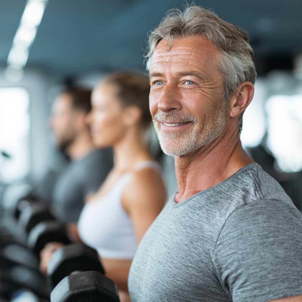 Experienced fitness trainer working with middle-aged clients in modern gym environment