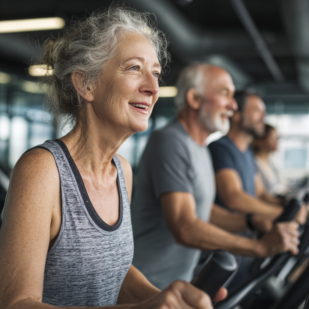 Mature adults exercising in professional fitness environment with personal guidance